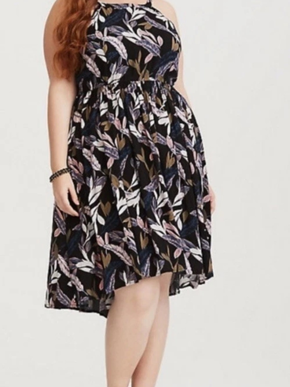 Torrid Black Palm Leaf Print High-Neck Challis High-Low Midi Dress Size 0